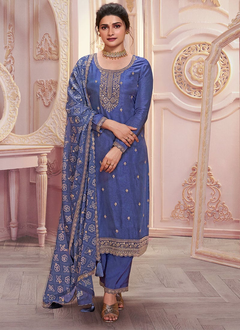 Prachi Desai Violet Georgette Embroidered And Sequins Straight Pant Suit Festive Wear