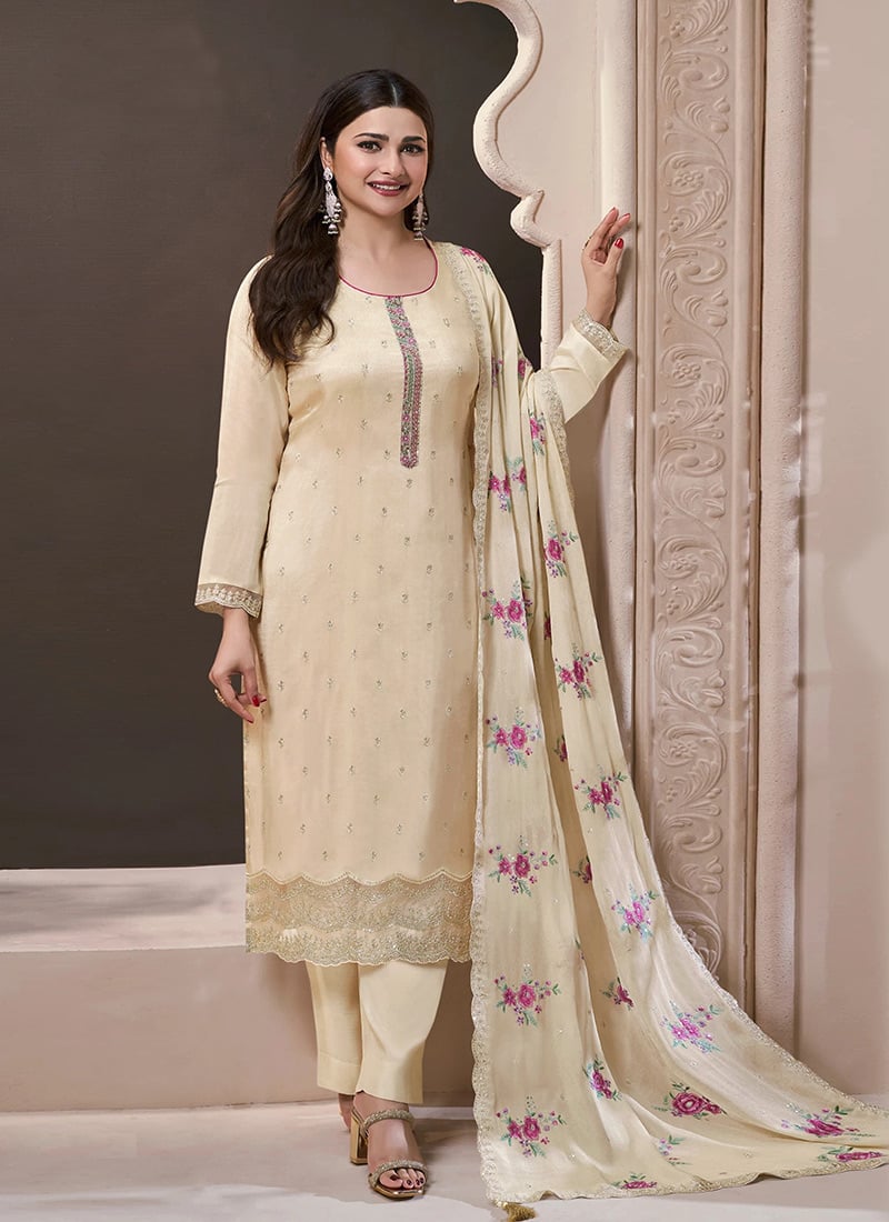 Prachi Desai White Silk Thread Embroidered Sequins Straight Pant Suit