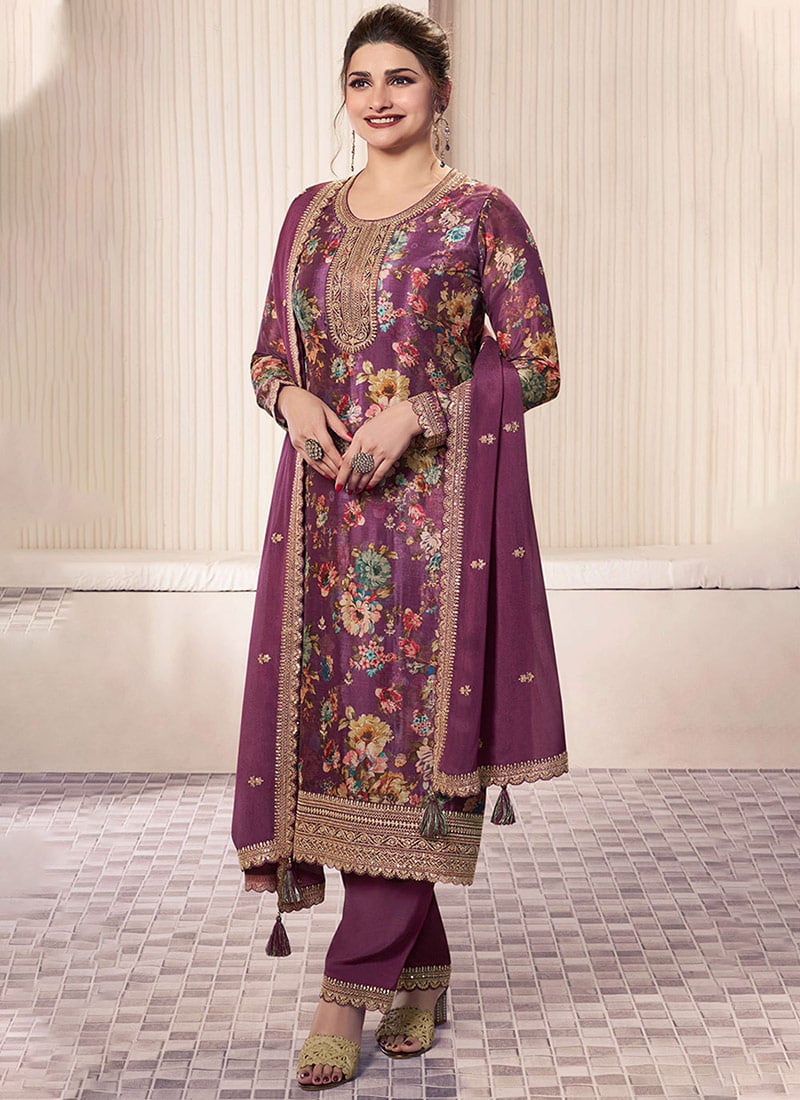 Prachi Desai Wine Chinon Digital Print Zari Embroidered Sequins Straight Pant Suit