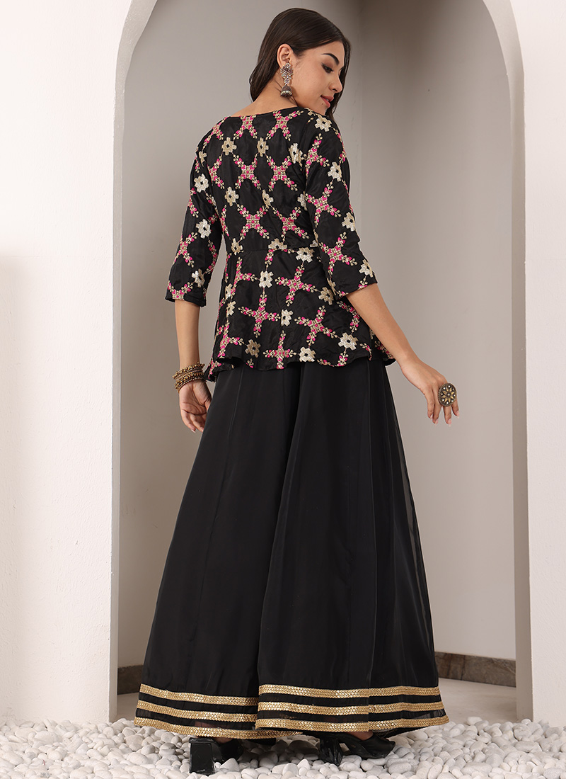 Grey Chinnon Embroidered Lehenga Skirt Style Suit