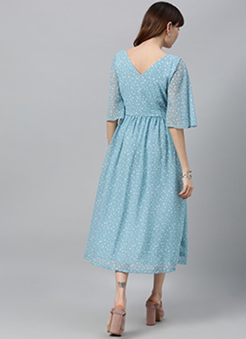 Blue Crepe Digital Floral Print Flared Western Dress for Women – Midi Dress, Sizes M, L, 2XL