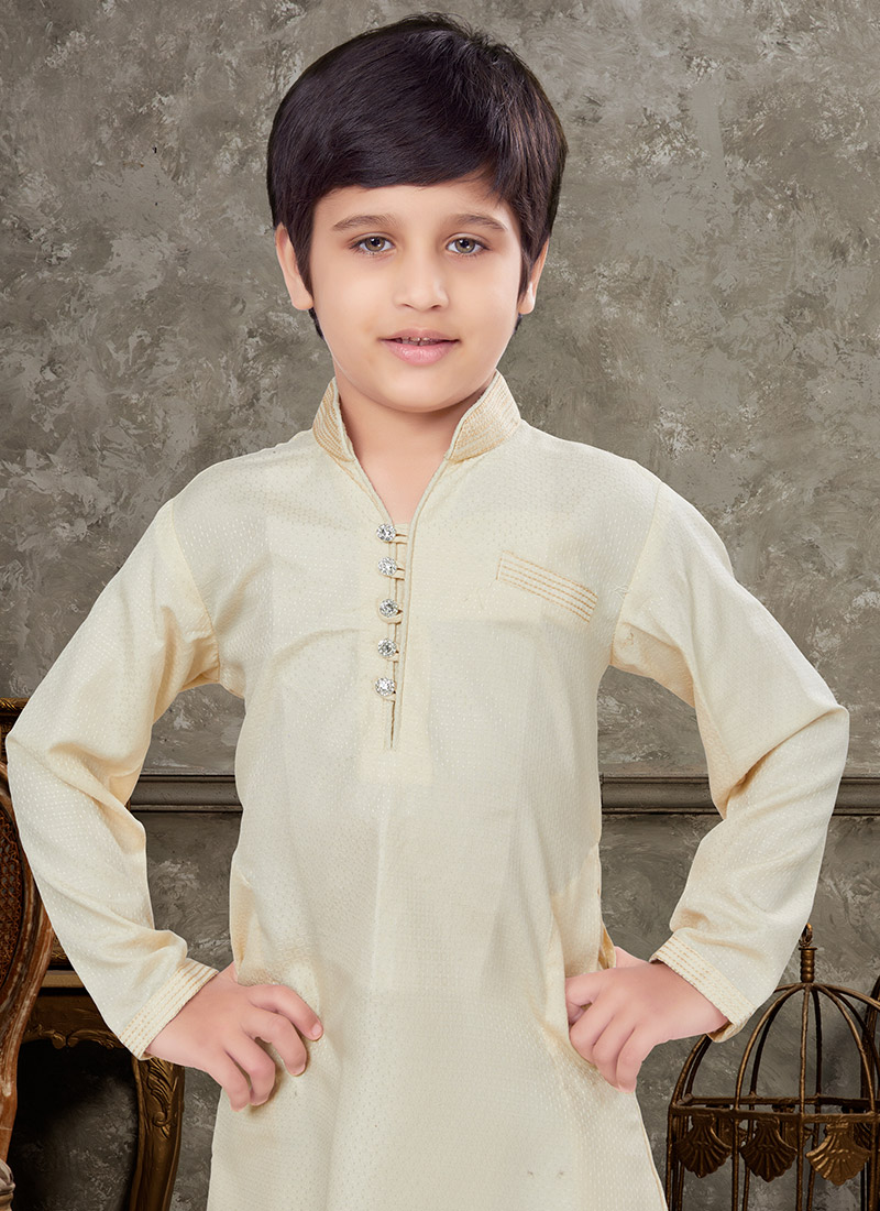 Cream Art Silk Kids Boys Kurta Pyjamas KDBMSGR772