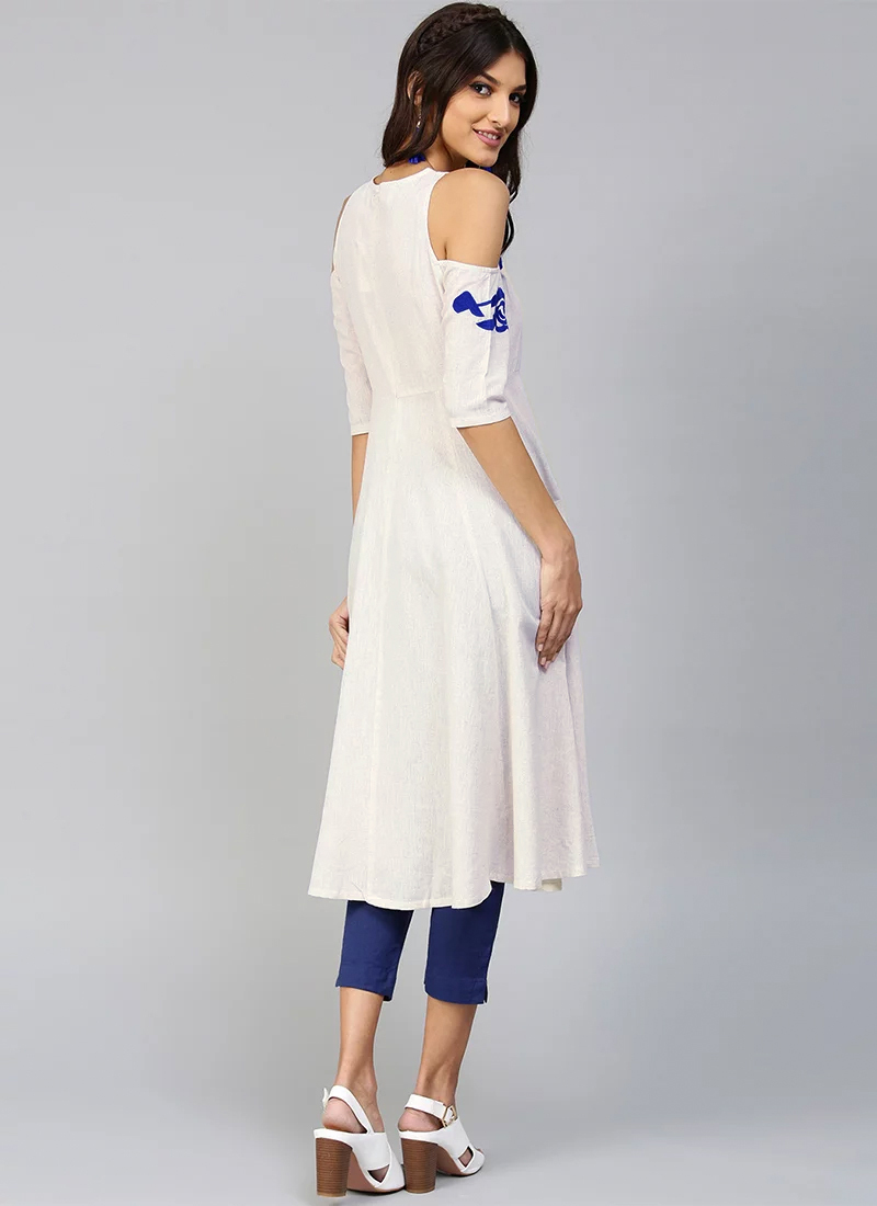 Buy Cream Cotton Kurti, Embroidered, knee length kurti Online Shopping