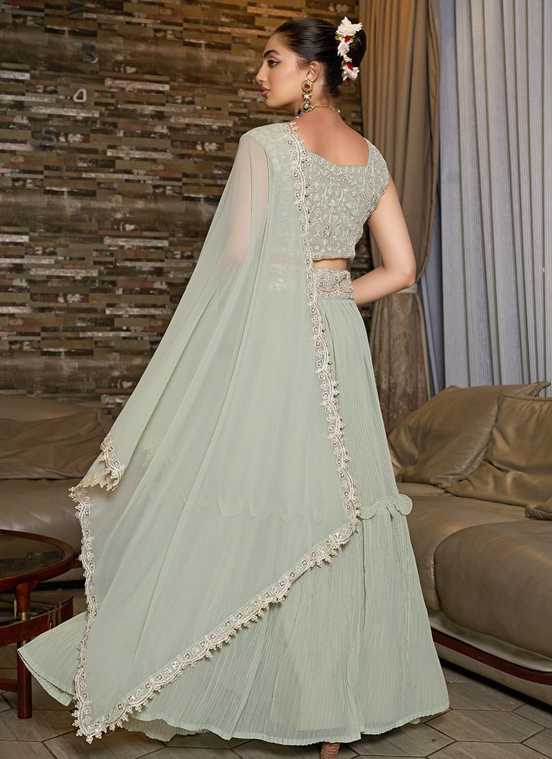 Babyhug Woven Frill Sleeves Georgette Sequin Embroidered Choli Lehenga & Dupatta Set with Tassle Detailing - Lime
