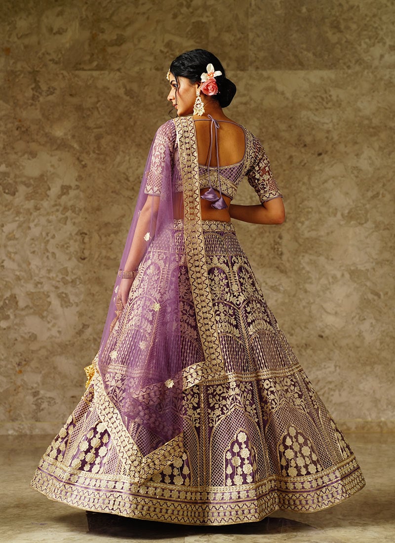 Lavender Net Lehenga With Blouse & Dupatta For Indian & Pakistani Wedding Festival - Thread, Zari, Badla and Glitter Dori Embroidery Work