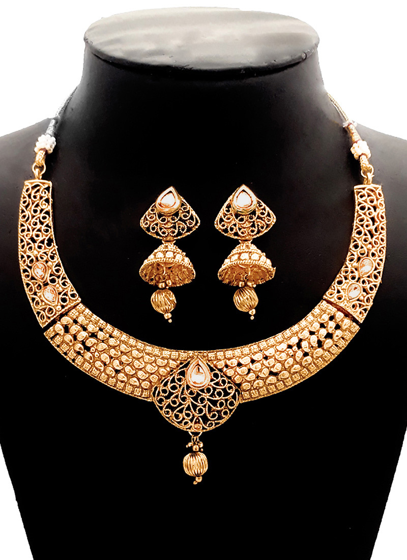 Buy Gold N White Necklace Set, Beads , Kundan, necklace Online Shopping