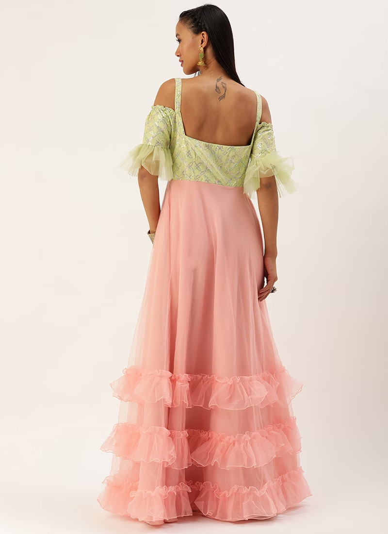 Soft Peach Indo-Western Jacket Style Georgette Skirt Dress