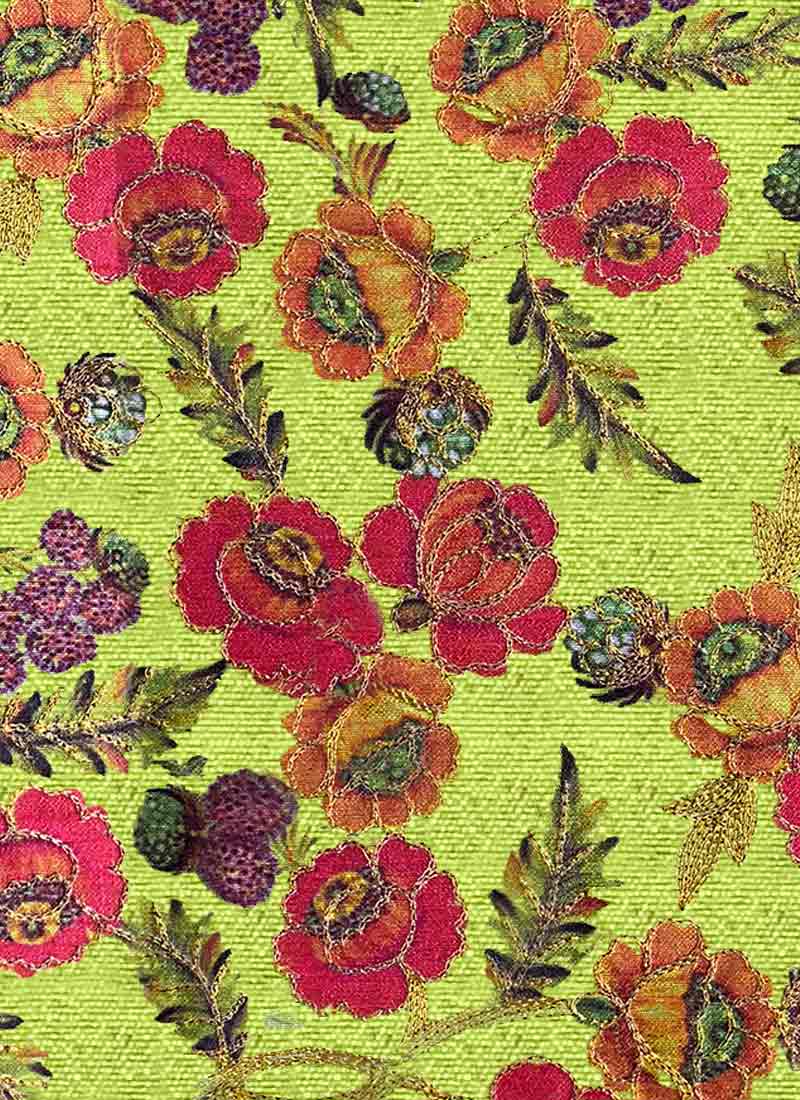 Buy Green Art Silk Fabric, Embroidered , Printed, blended patterned