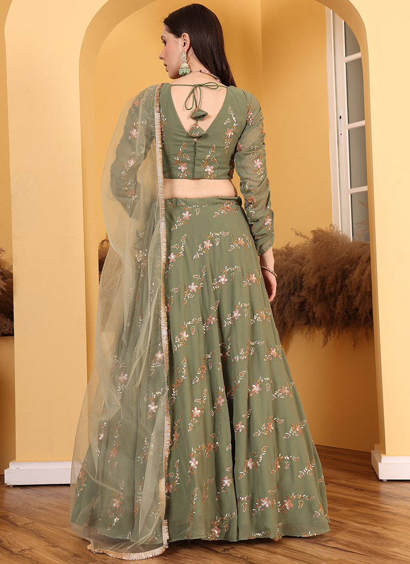 Arika Green Georgette Embroidered Lehenga Set