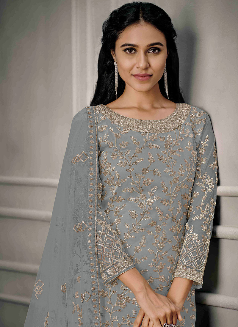 Solid Grey Designer Party Wear Readymade Pant Suit With Hand Work