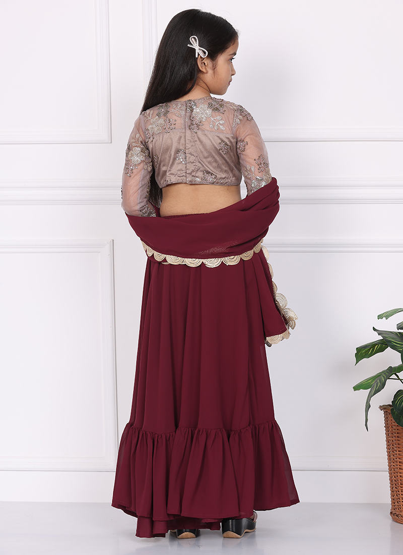 Burgundy Embroidered Net Heavy Lehenga Set with Blouse & Dupatta Regal Bridal & Party Wear
