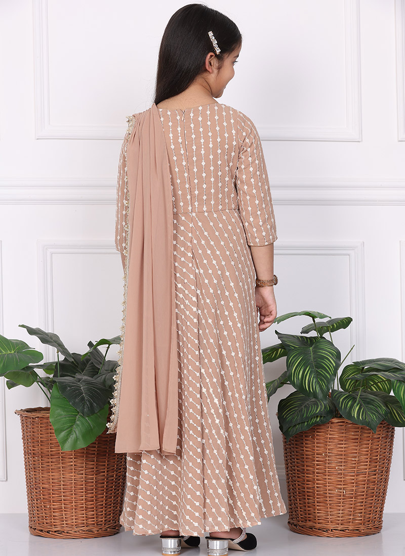 Buy Kids Girls Light Brown Embroidered Draped Style Gown Wedding Wear