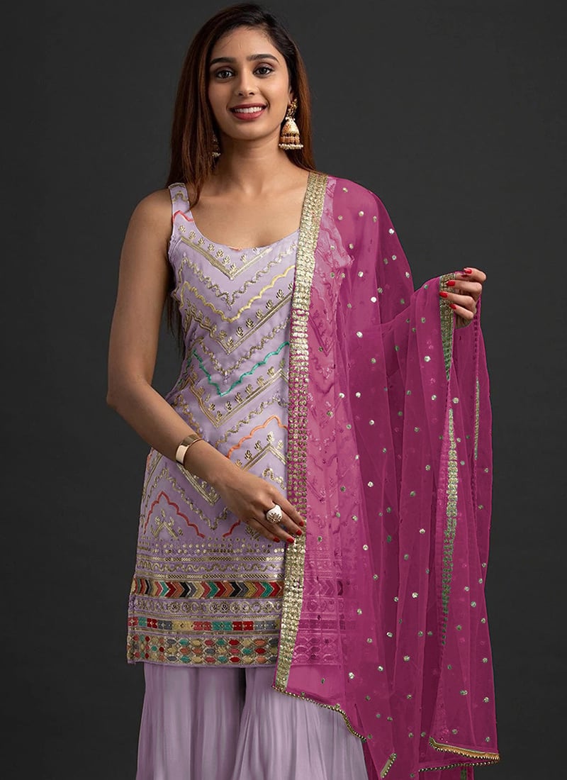 Lavender Georgette Embroidered N Sequins Sharara Suit Party Wear-SLSKA41051297