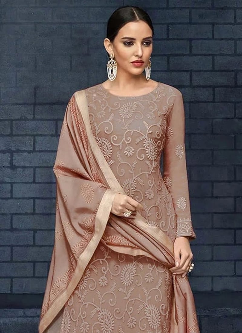 Shop Light Brown Embroidered Straight Pant Suit Party Wear Online at