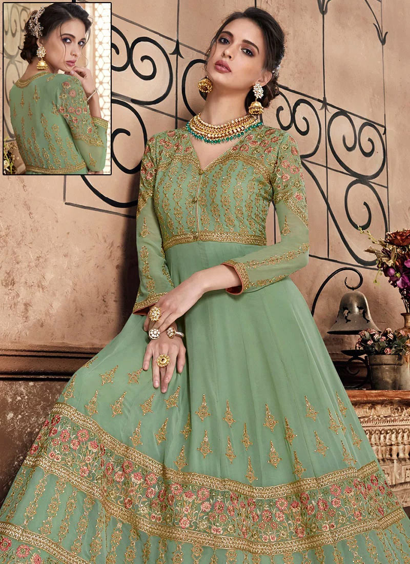 Buy Light Green Embroidered Abaya Style Anarkali Suit Party Wear