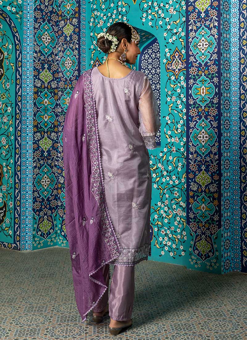 Lavender Designer Readymade Pant Suit Embroidery Work
