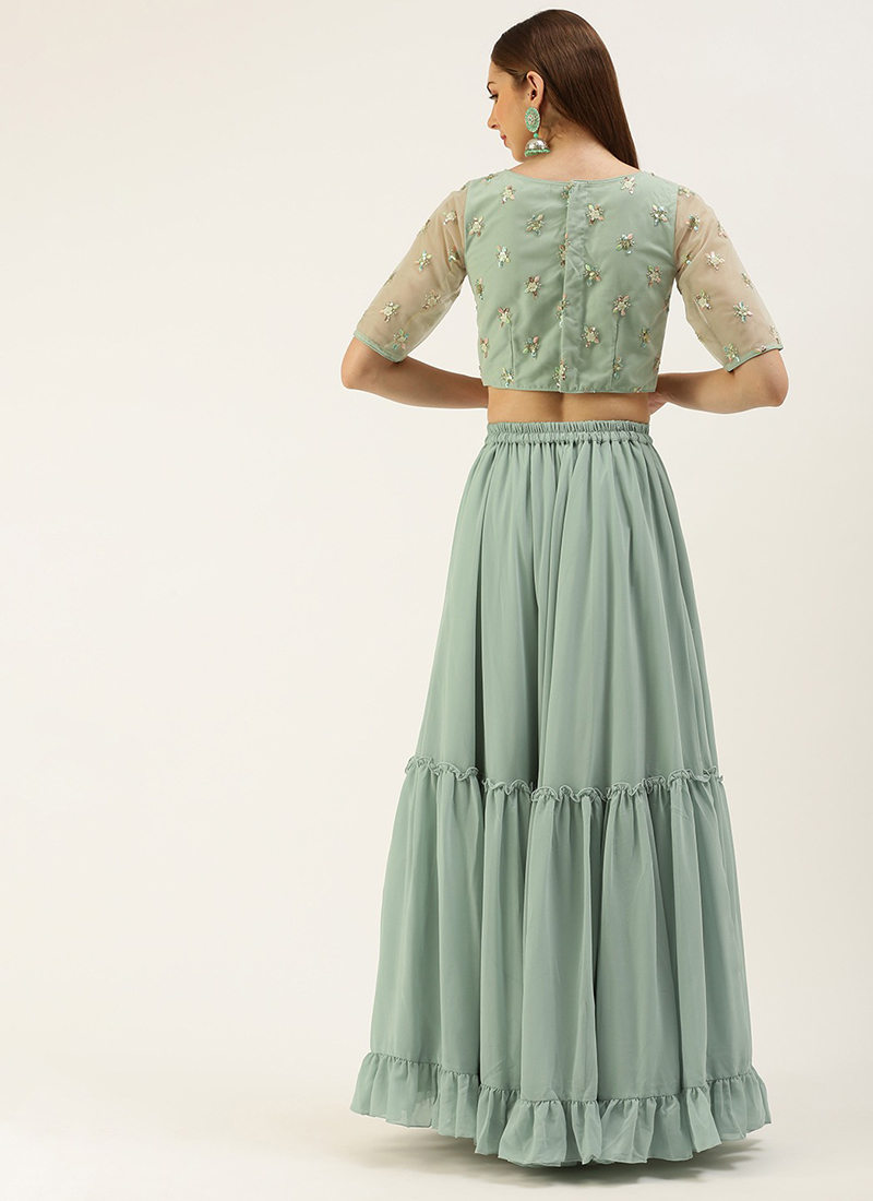 Women Green Schiffli Crop Top With Flared Skirt
