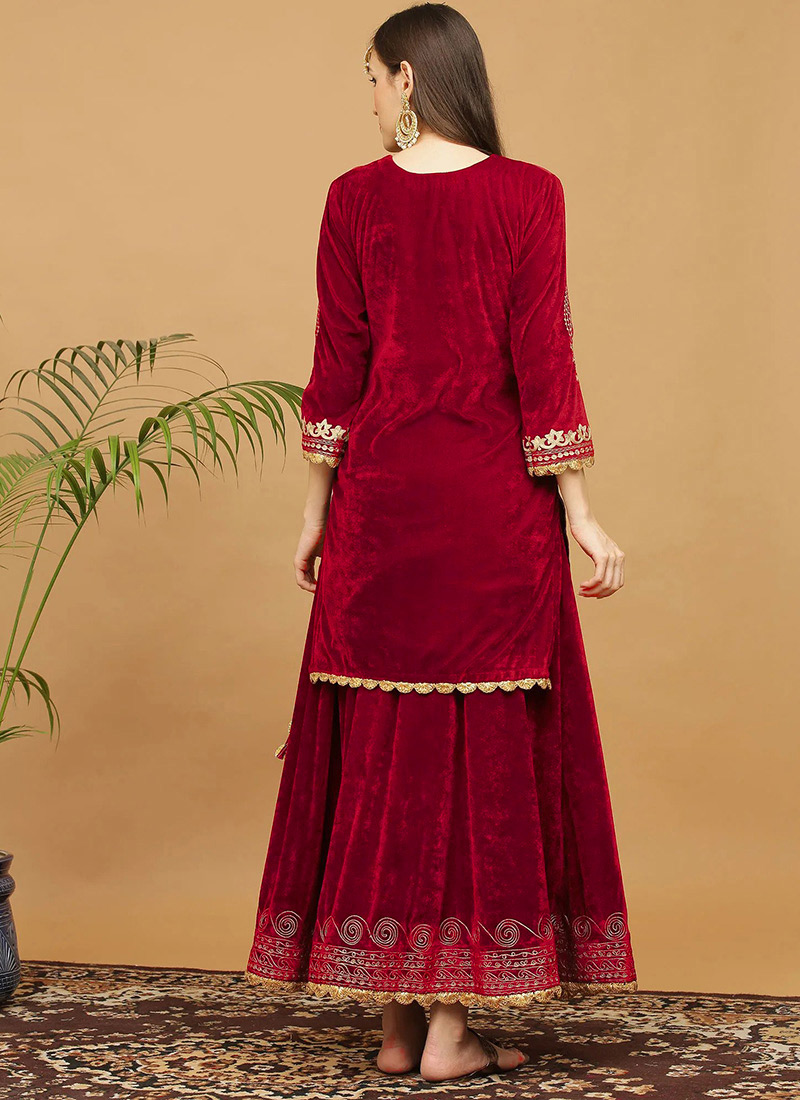 Buy Maroon Velvet Embroidered Kurta Skirt Set Work Wear, Embroidered