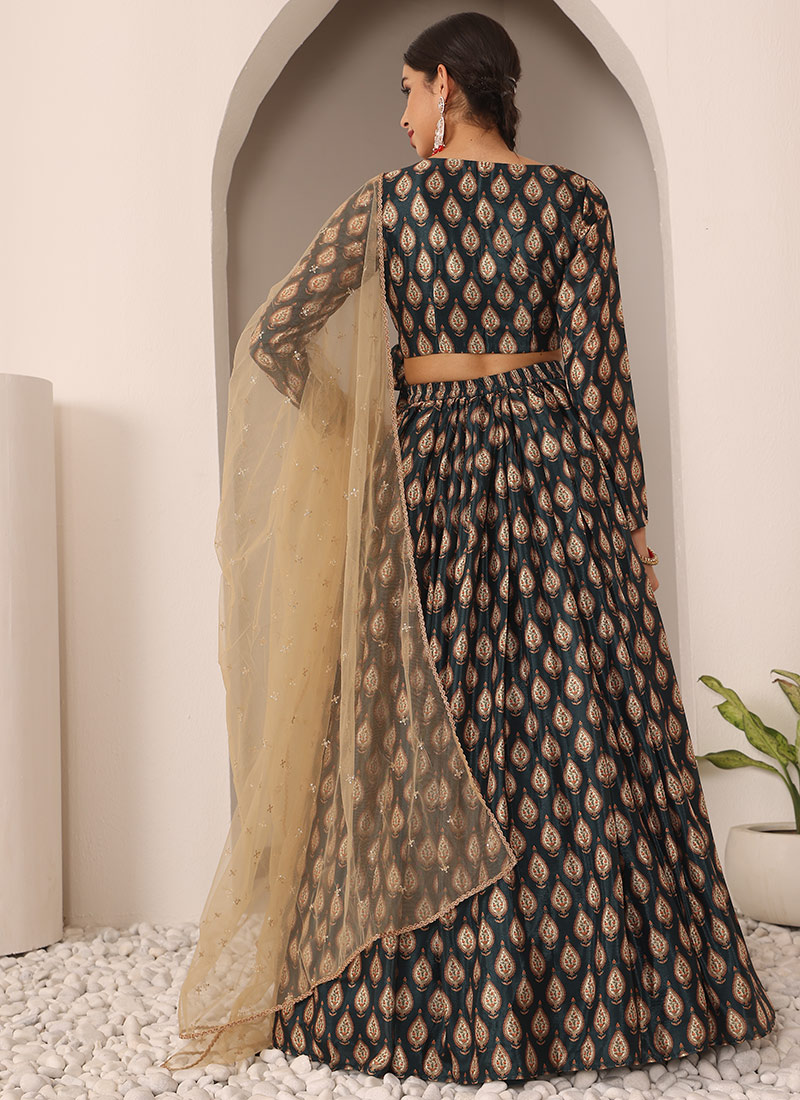 Nautinati Girls' Georgette Blend Ready-to-wear All-over Gold Toned Foil Print Lehenga & Blouse with Net Dupatta