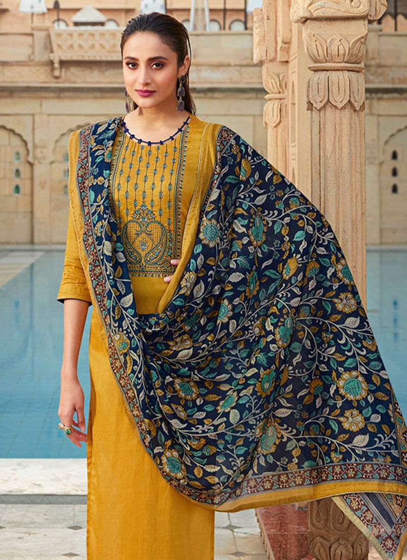 Buy Mustard Cotton Designer Straight Pant Suit Party Wear, Zari