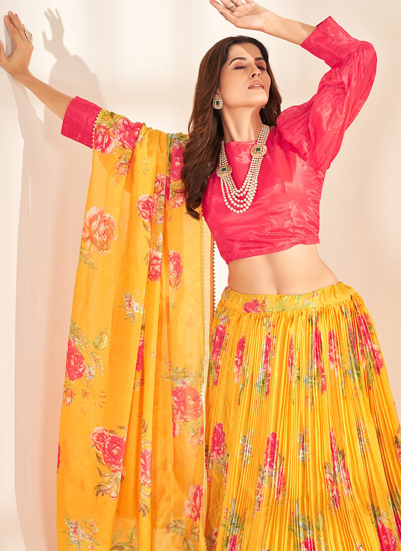 Mustard Shimmer Organza Silk Festive Lehenga Style Suit