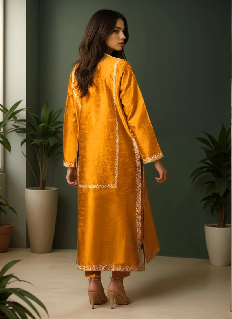 Mustard Classy Designer Semi-Stitched Pant Suit With Embroidery Work