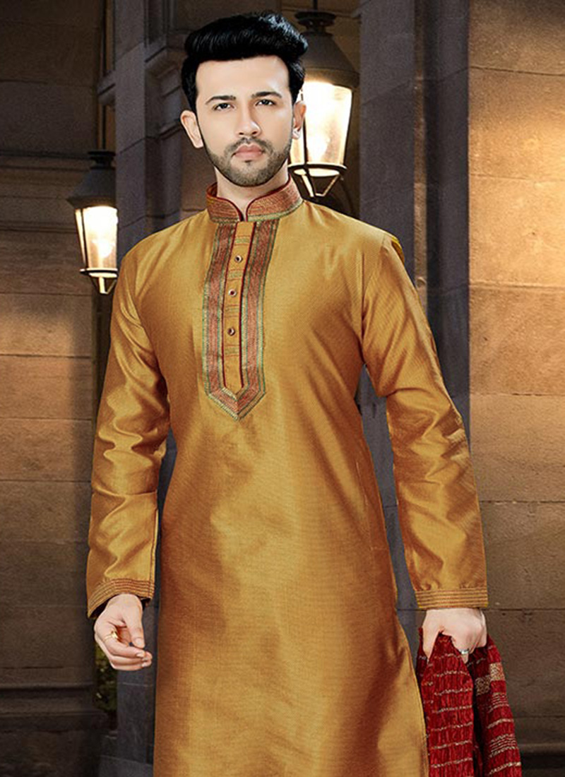 Buy Mustard Yellow Embroidered Kurta Pyjama, Dupion , Embroidered