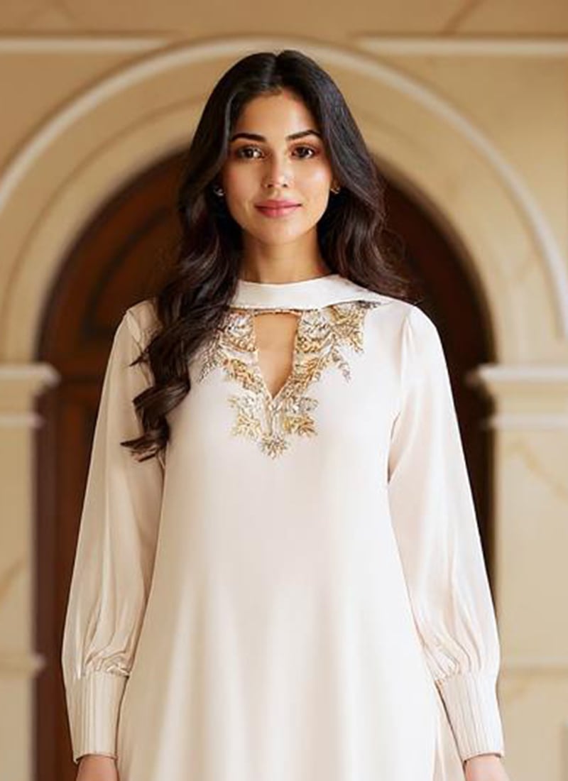 White Zari Embroidered Jacket With Blouse And Palazzo - Rent