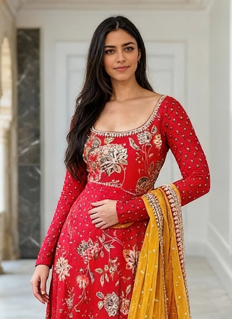 Red Abstract Printed Zari Embroidered Georgette Anarkali Kurta, Leggings and Dupatta Set