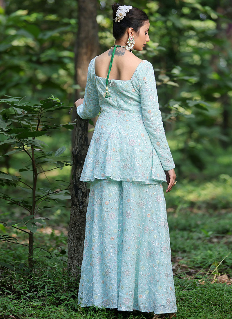 Fantastic Navy Blue Embroidered Wedding Festive Gharara Suit