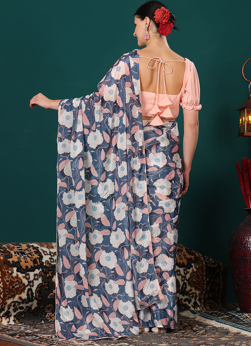 Women Party Wear Digital Flower Printed Heavy Chinnon Saree With Papper Mirror Worked Border