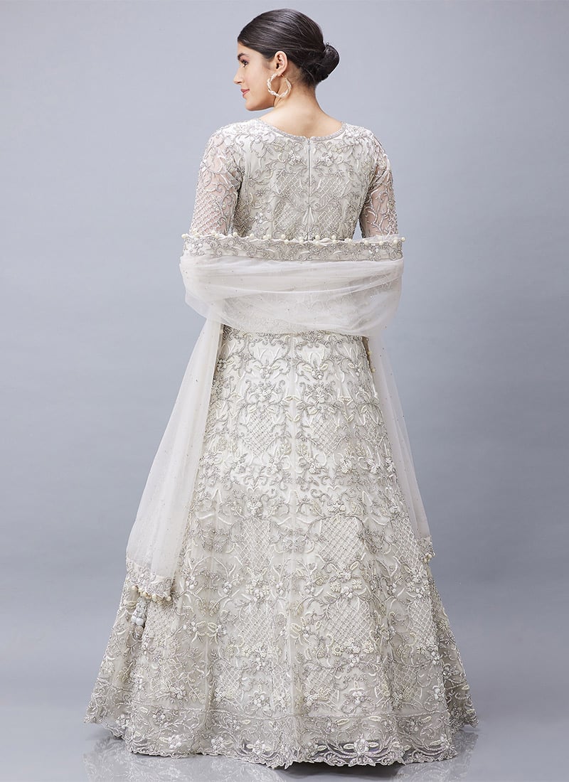 Shop Three Fourth Sleeves Off White Net Hand Embroidered Gown With Dupatta Wedding Wear Online