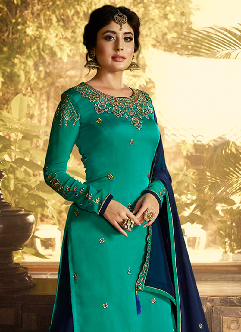 Buy Turquoise Embroidered Sharara Suit, Embroidered, sharara suit Online Shopping | SLSCC3722362