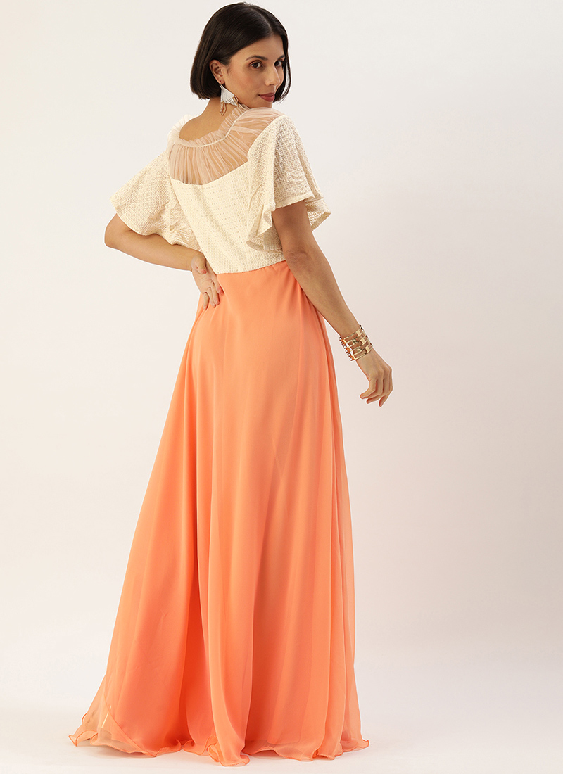 Shop White Viscose N Light Peach Embroidered Gown Party Wear Made to