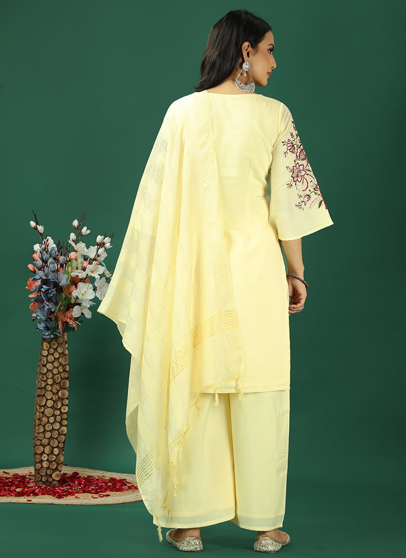 Yellow Elementary Designer Readymade Pant Suit With Embroidery Work