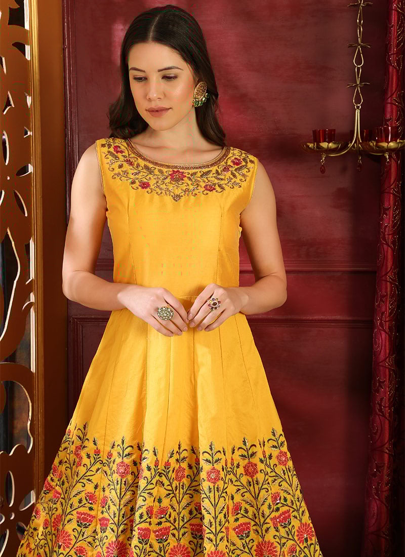 Buy Yellow Embroidered Anarkali Gown, Embroidered, dresses and gown