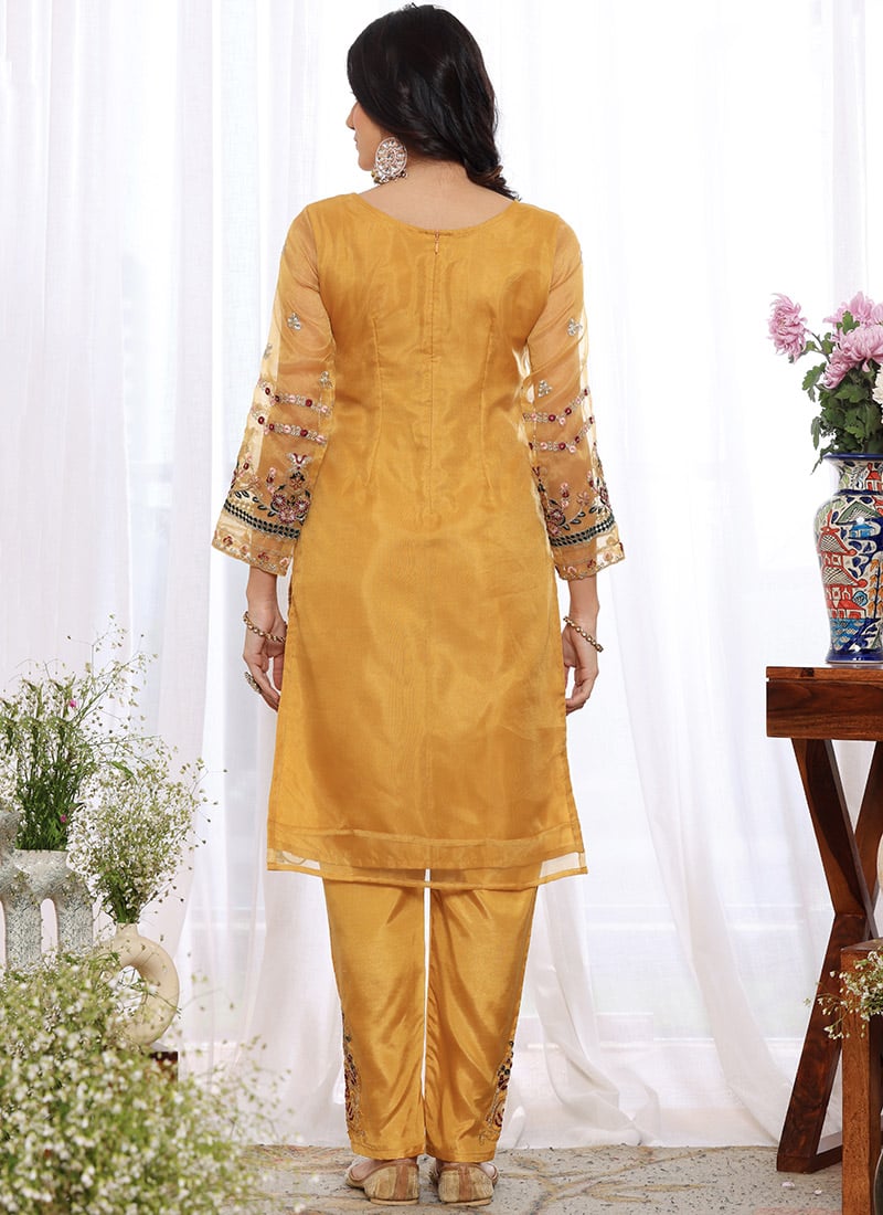 Yellow Soft Organza Embroidered Festive Pant Style Suit