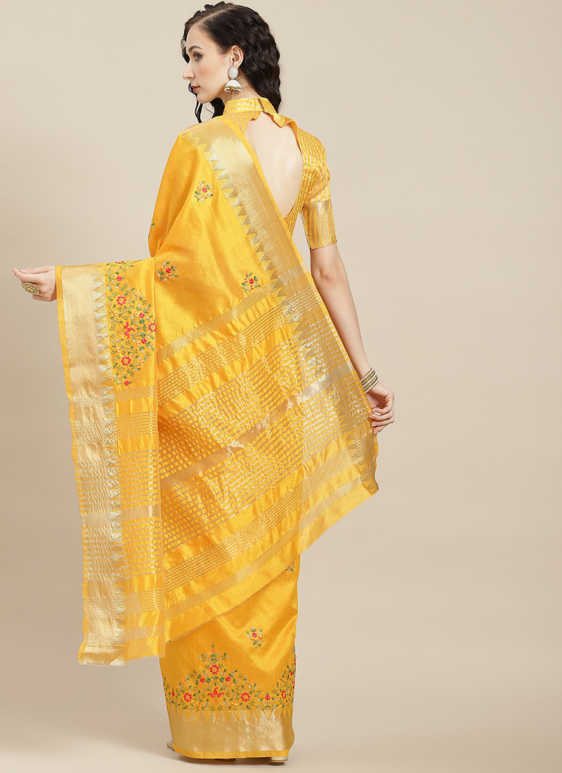 Yellow South Cotton Saree Featuring Eagle Motifs Enclosed Circles, Highlighted with a Contrast Border, and a Contrast Floral Motifs Block Printed Blouse main image 0