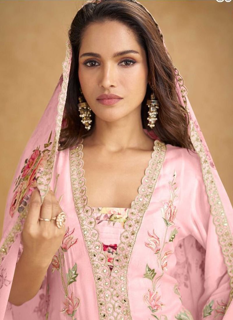 Purple Pink Multi Threads Work Festive Palazzo Suit