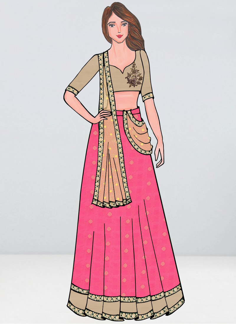 Shop Beige N Pink Embroidered Elbow Sleeves Lehenga Made to Measure