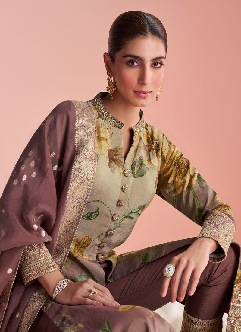 Women Beige Zora Silk Un Stitched Suit Ethnic Collections main image 0