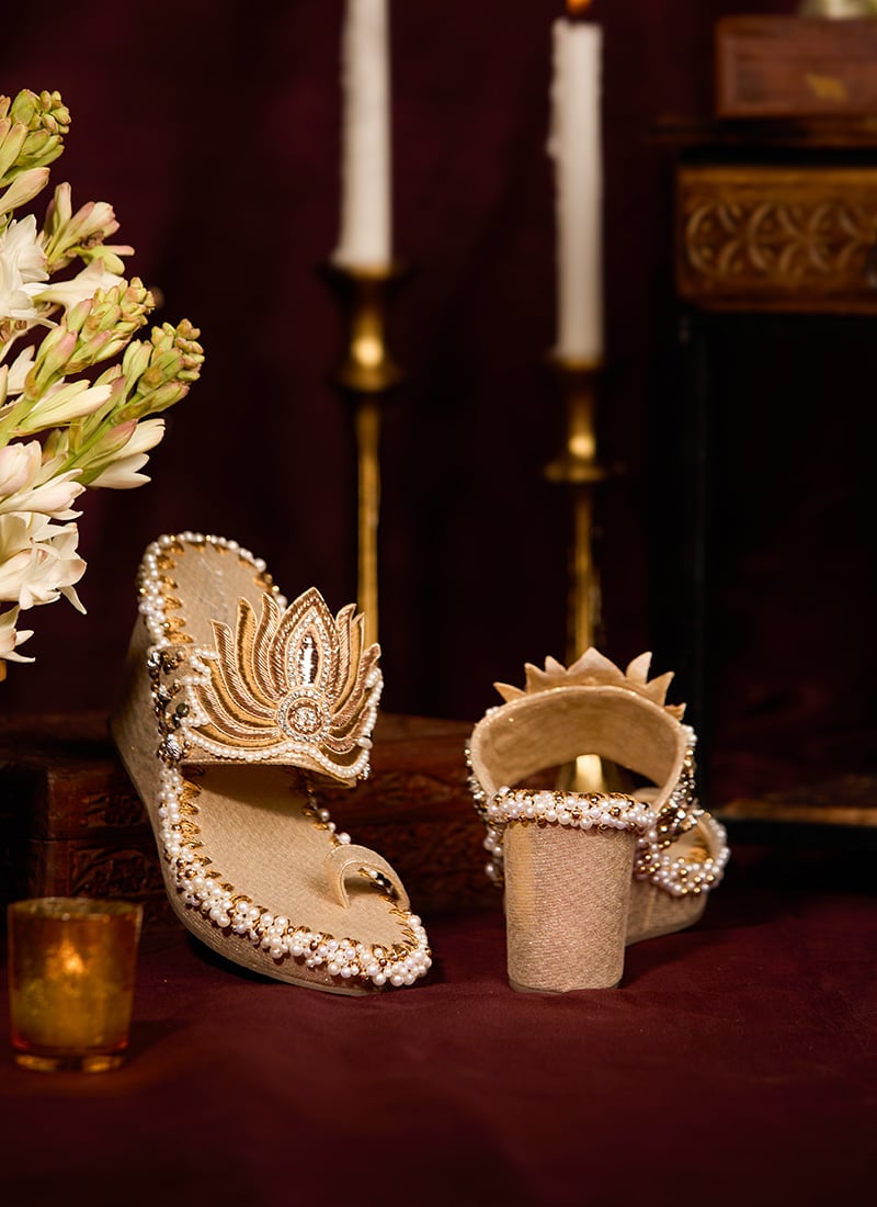 Beige Zardosi With Stone And Moti Work Wedges-WFWD5EHE023