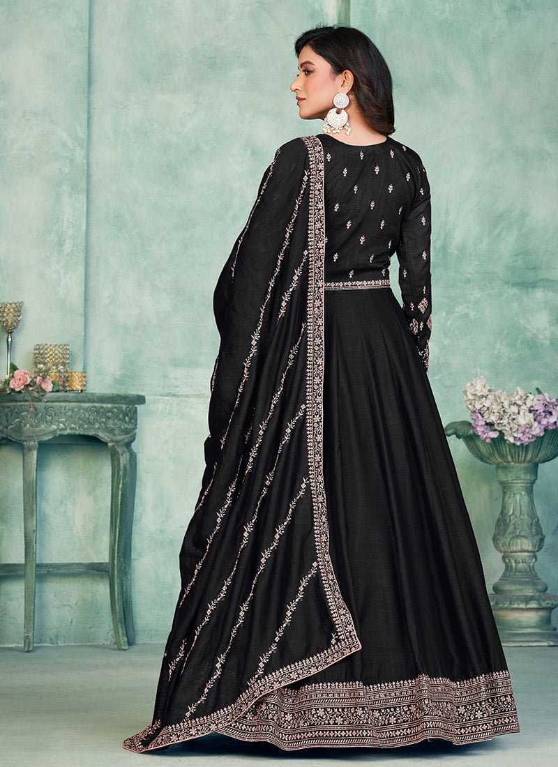Black Chinon Silk Embroidered Anarkali Suit With Dupatta