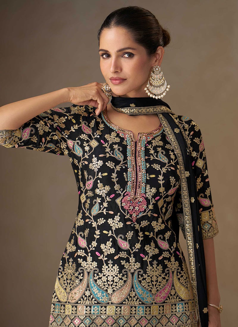 Smoky Black Palazzo style Suit Semi-Stitched Salwar Kameez main image 0