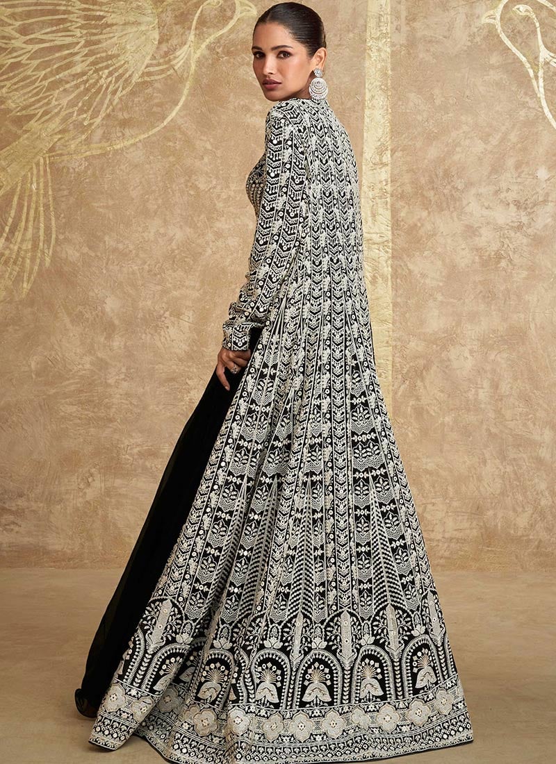Black Gloss Tissue Pearl Hand work Noodle sleeves Indowestern Straight Suit with Stylish Dupppata
