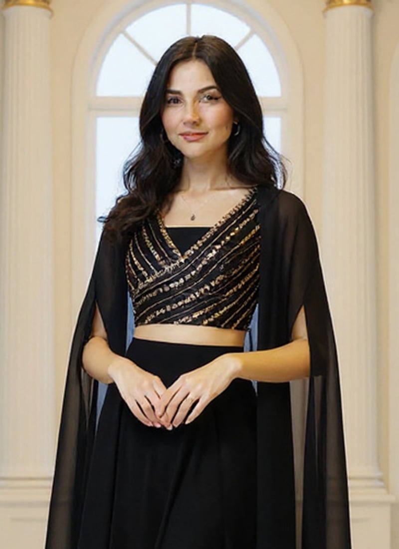 Black Indo-western Drape Skirt with Embroidered Jacket - Perfect Festive wear