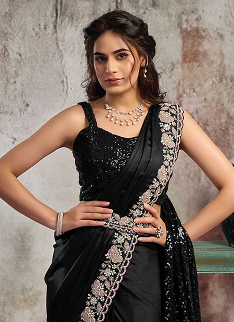 Shop Black Satin Hand Embroidered Sequins With Beads Work Pre Draped ...