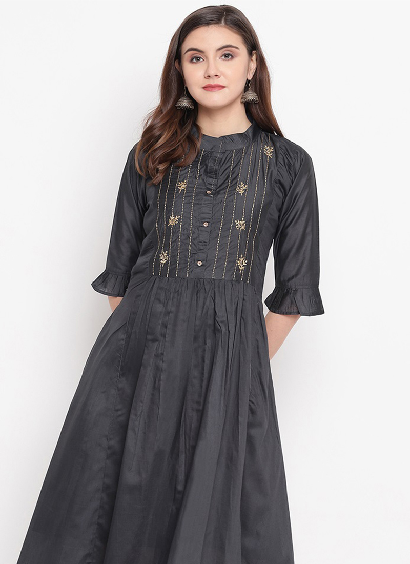 Buy Black Silk Cotton A Line Dress, Embroidered, a line dress Online