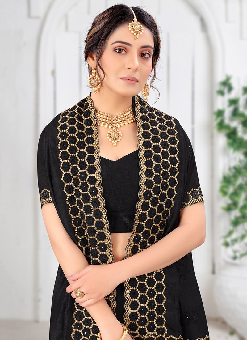 Party Wear : Black Embroidered Saree with Designer Blouse [Available] main image 0