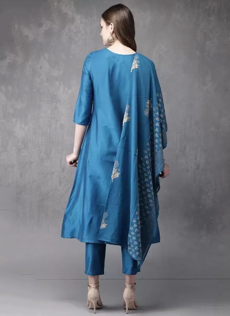 Buy Blended Cotton Printed Straight Pant Suit With Round Neck And Three